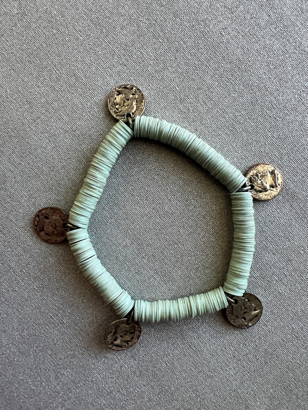 Vintage Beaded 2.5” Stretch Bracelet with Miniature Silver Coins Accents